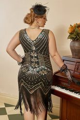 Schwarzes 1920er Jahre Übergröße Perlen Pailletten Flapper Kleid